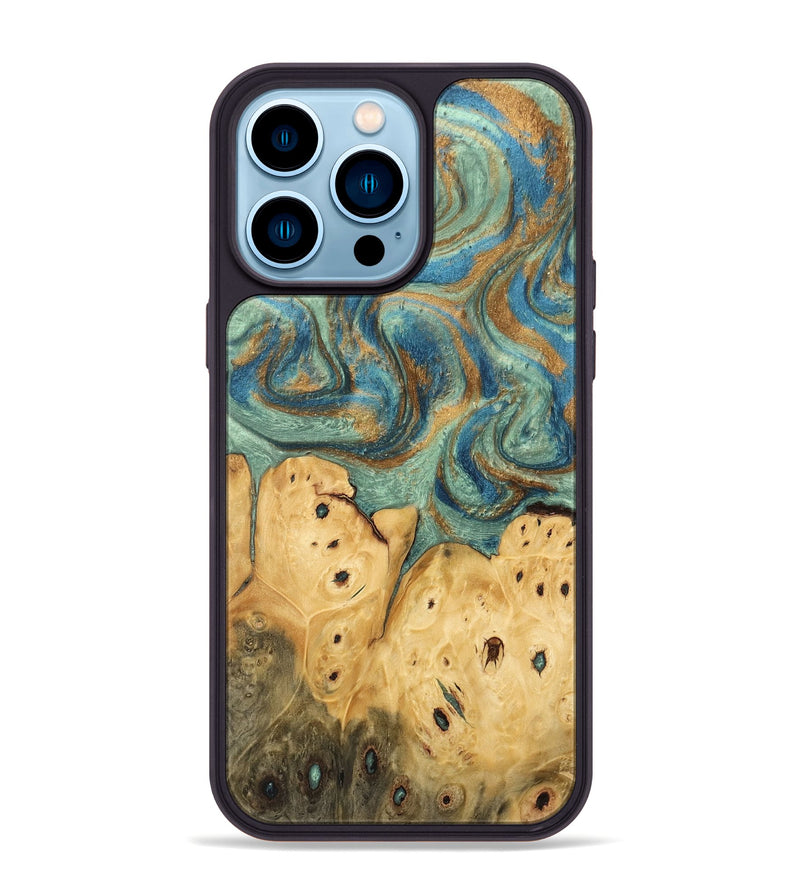 iPhone 14 Pro Max Wood Phone Case - Velva (Teal & Gold, 745964)