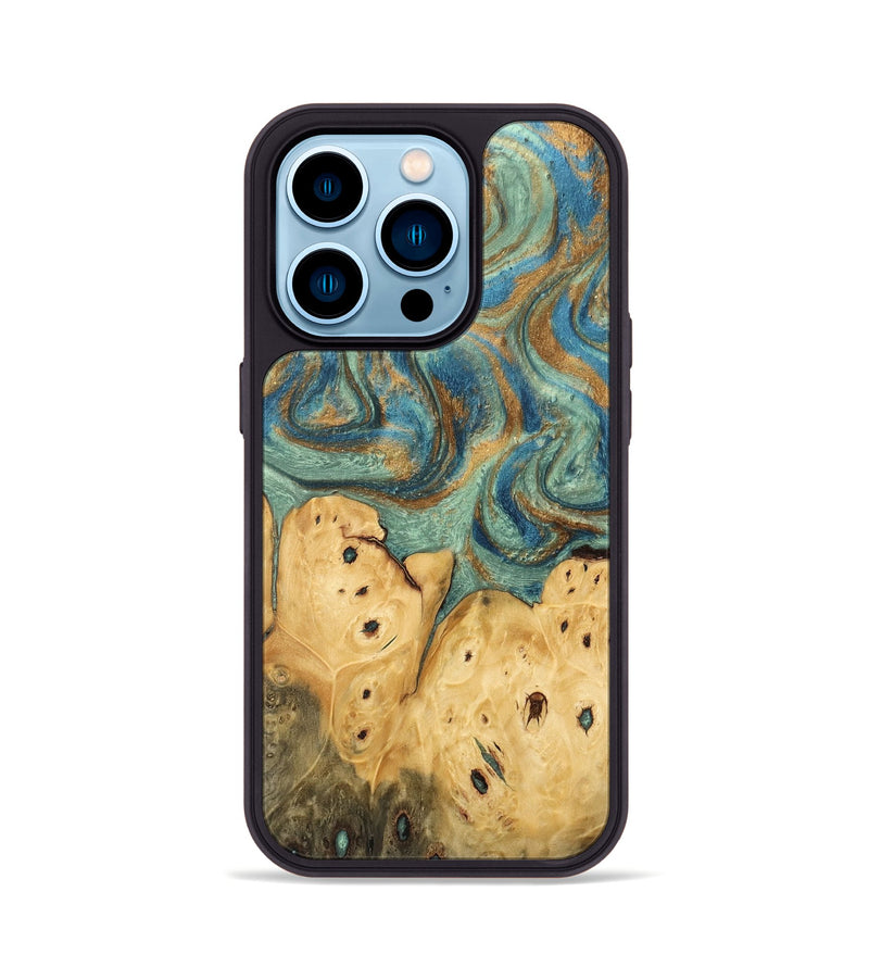 iPhone 14 Pro Wood Phone Case - Velva (Teal & Gold, 745964)