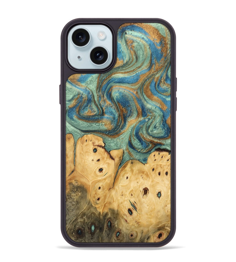 iPhone 15 Plus Wood Phone Case - Velva (Teal & Gold, 745964)