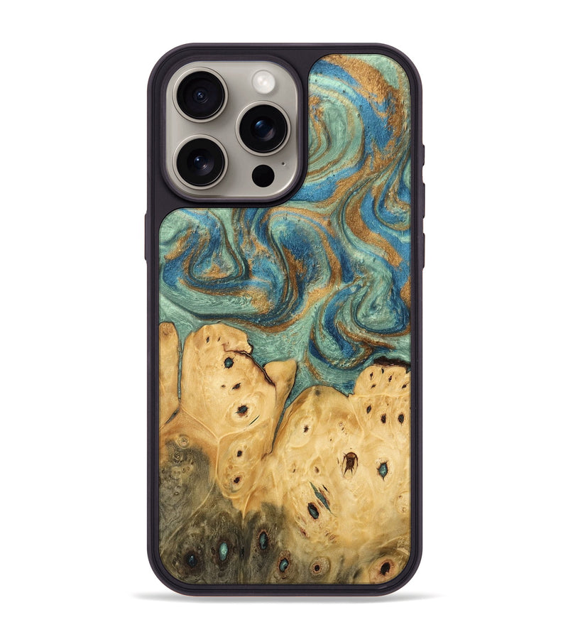 iPhone 15 Pro Max Wood Phone Case - Velva (Teal & Gold, 745964)