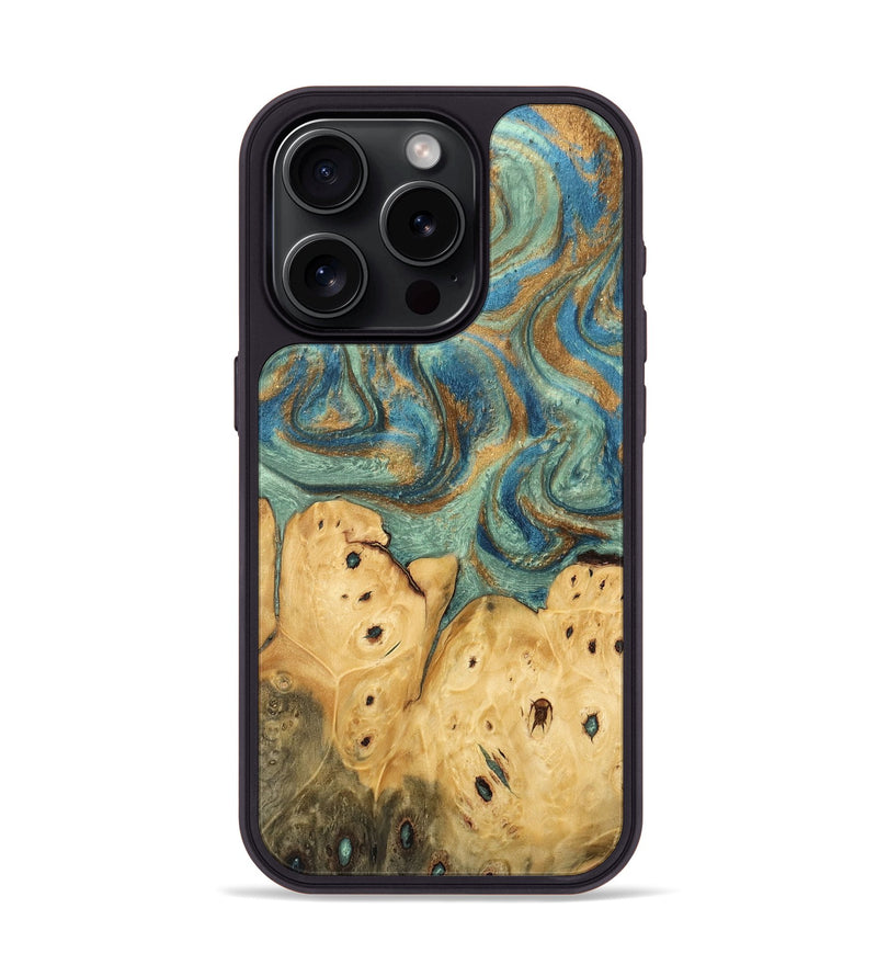 iPhone 15 Pro Wood Phone Case - Velva (Teal & Gold, 745964)