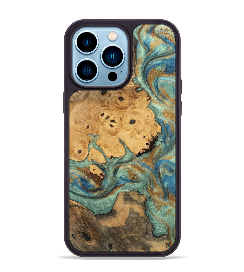 iPhone 14 Pro Max Wood Phone Case - Evalyn (Teal & Gold, 745965)