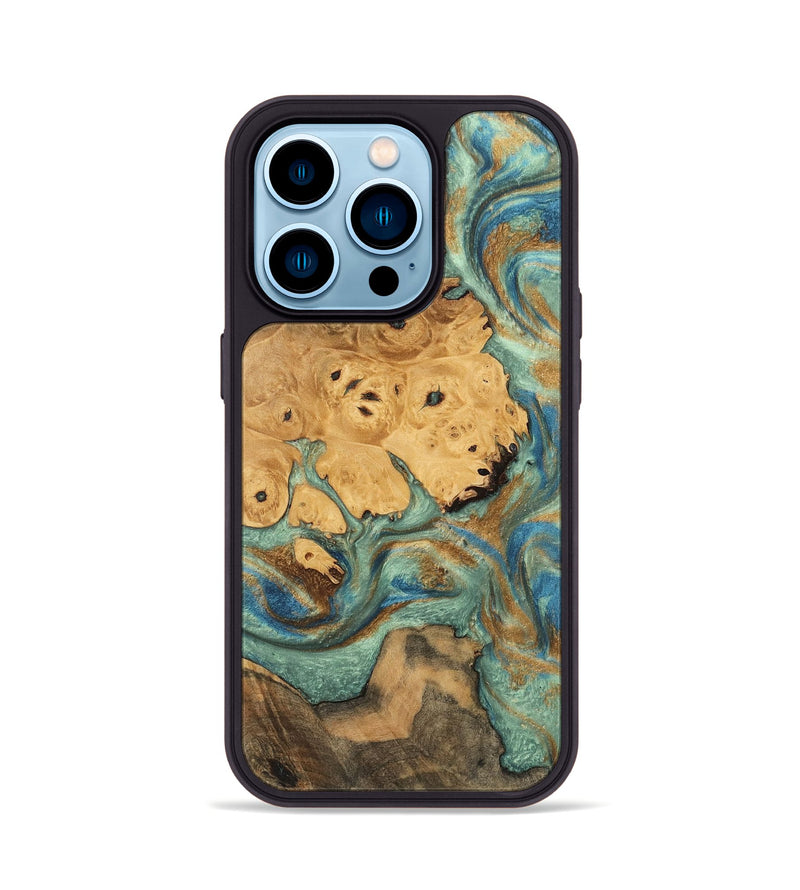 iPhone 14 Pro Wood Phone Case - Evalyn (Teal & Gold, 745965)