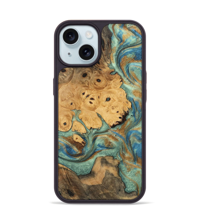 iPhone 15 Wood Phone Case - Evalyn (Teal & Gold, 745965)