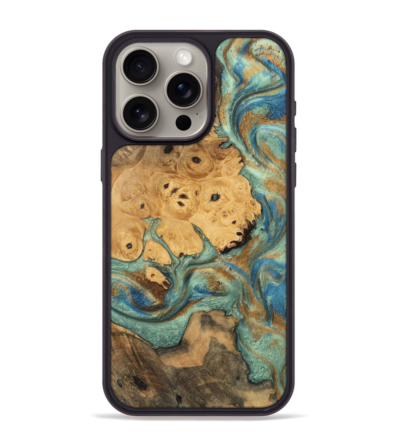 iPhone 15 Pro Max Wood Phone Case - Evalyn (Teal & Gold, 745965)