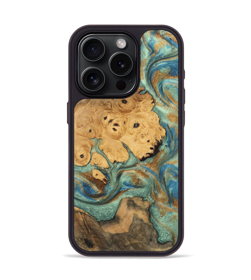 iPhone 15 Pro Wood Phone Case - Evalyn (Teal & Gold, 745965)