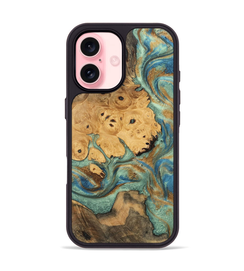 iPhone 16 Wood Phone Case - Evalyn (Teal & Gold, 745965)