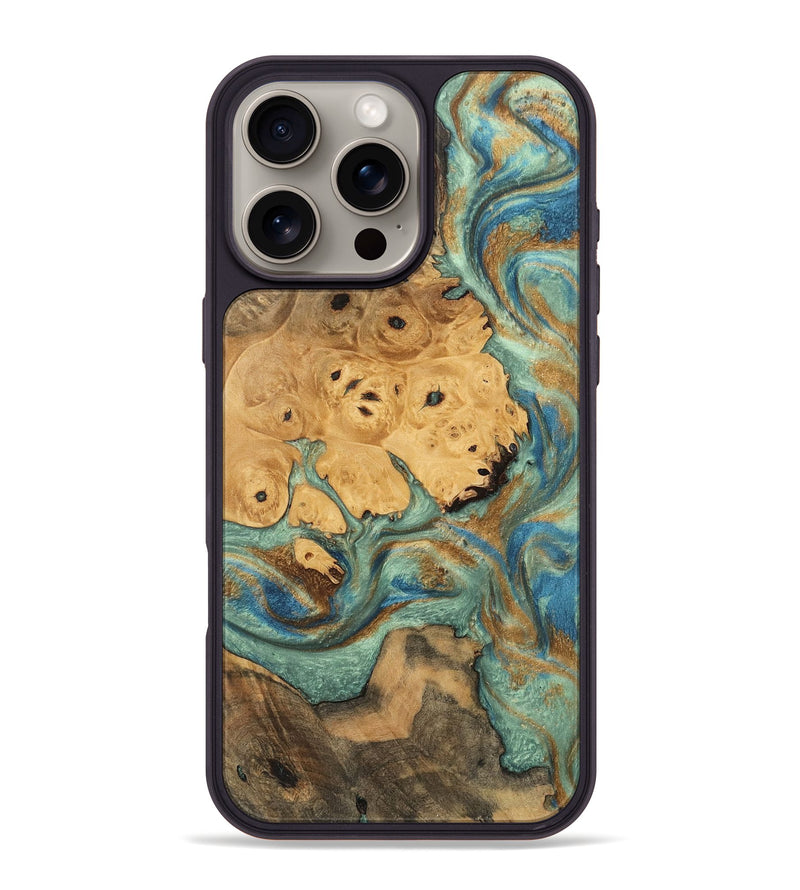 iPhone 16 Pro Max Wood Phone Case - Evalyn (Teal & Gold, 745965)