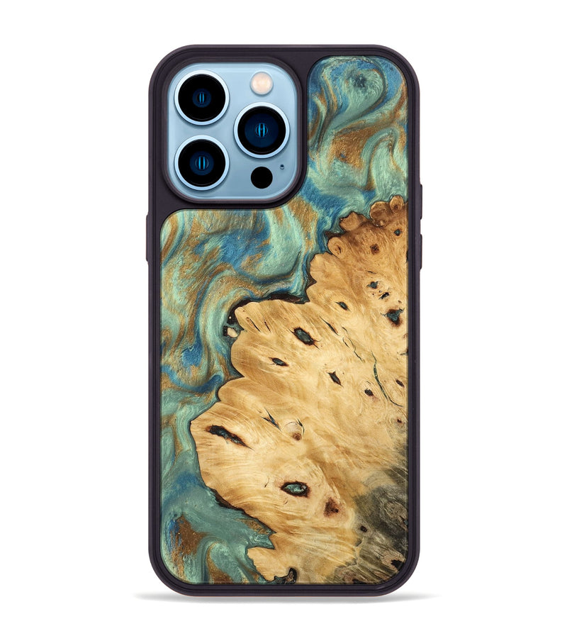 iPhone 14 Pro Max Wood Phone Case - Helena (Teal & Gold, 745969)