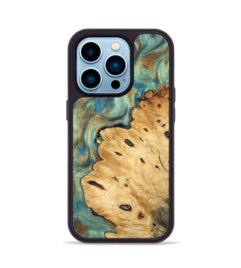 iPhone 14 Pro Wood Phone Case - Helena (Teal & Gold, 745969)