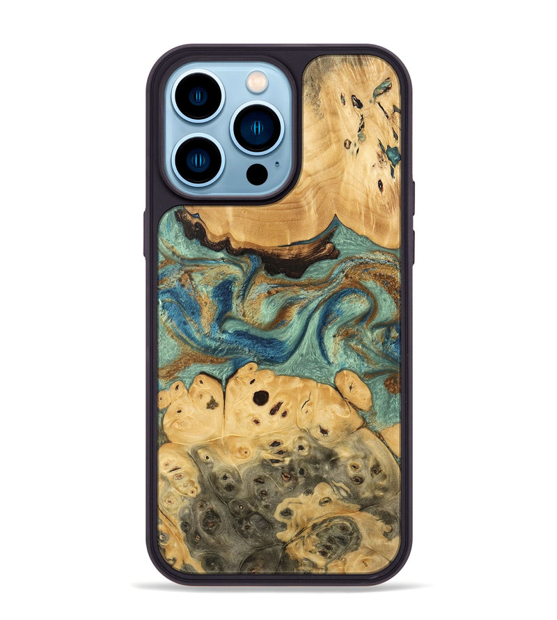 iPhone 14 Pro Max Wood Phone Case - Carla (Teal & Gold, 745970)