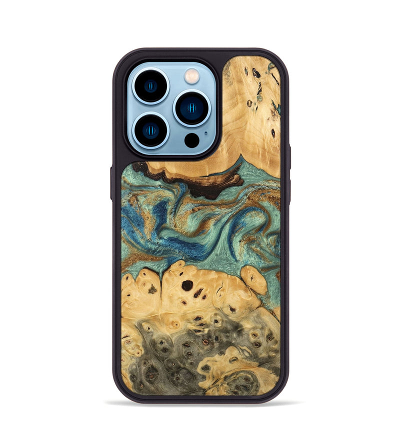 iPhone 14 Pro Wood Phone Case - Carla (Teal & Gold, 745970)