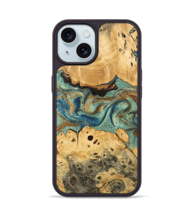 iPhone 15 Wood Phone Case - Carla (Teal & Gold, 745970)