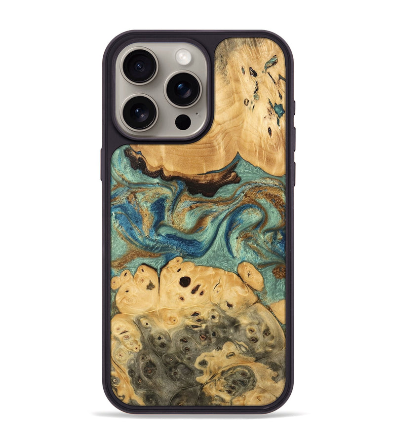 iPhone 15 Pro Max Wood Phone Case - Carla (Teal & Gold, 745970)