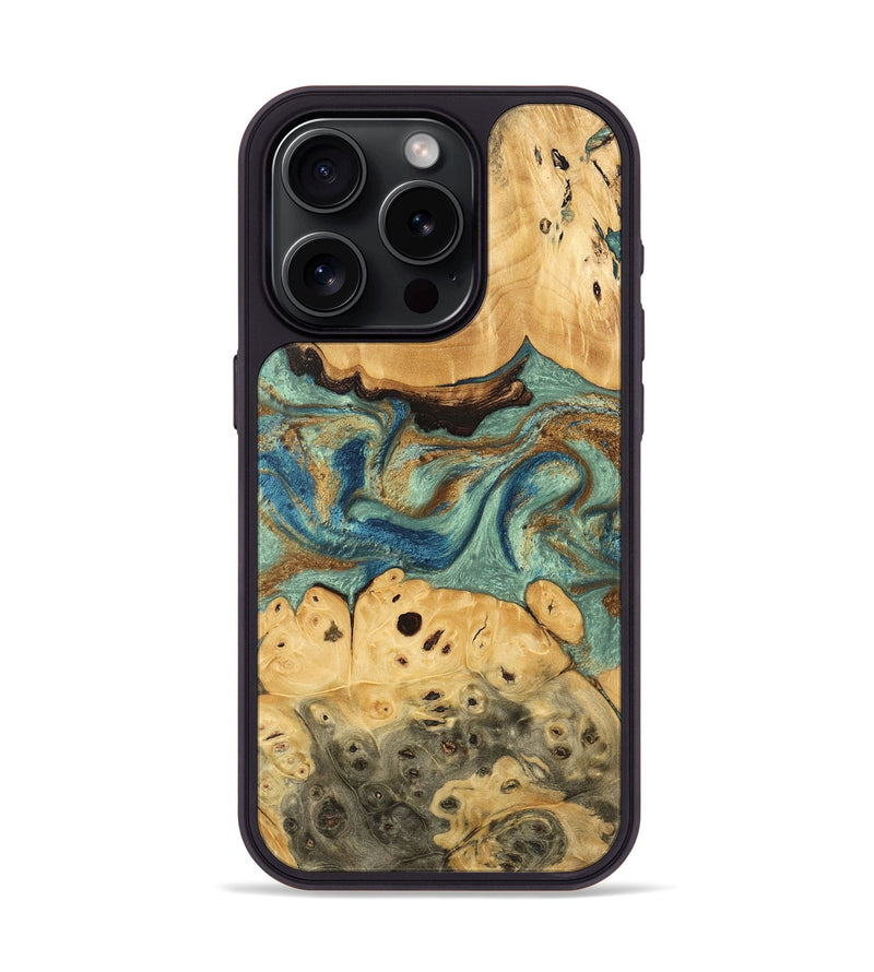 iPhone 15 Pro Wood Phone Case - Carla (Teal & Gold, 745970)