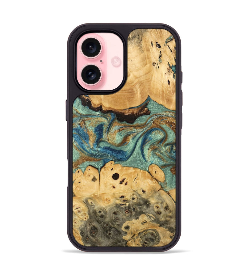 iPhone 16 Wood Phone Case - Carla (Teal & Gold, 745970)