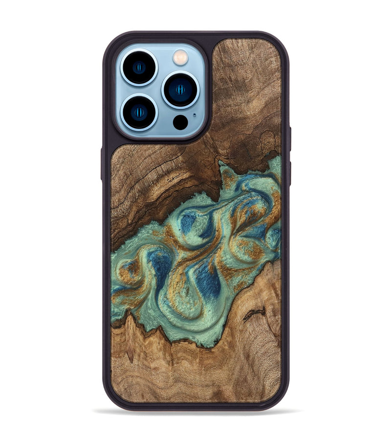 iPhone 14 Pro Max Wood Phone Case - Tadeo (Teal & Gold, 745971)