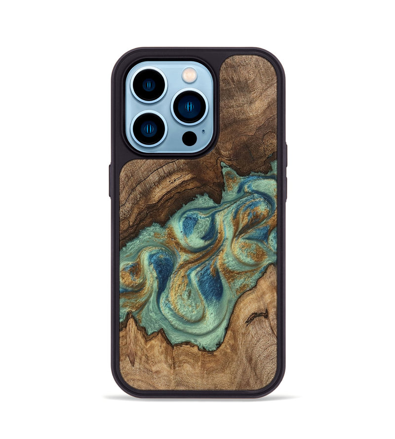 iPhone 14 Pro Wood Phone Case - Tadeo (Teal & Gold, 745971)