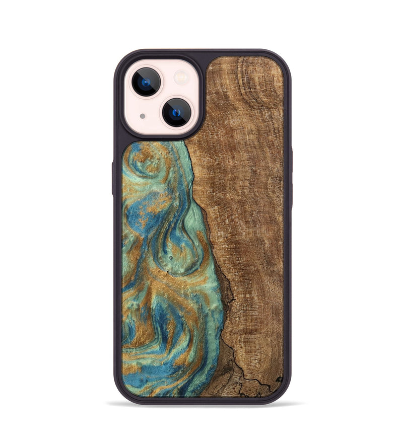 iPhone 14 Wood Phone Case - Teri (Teal & Gold, 745973)