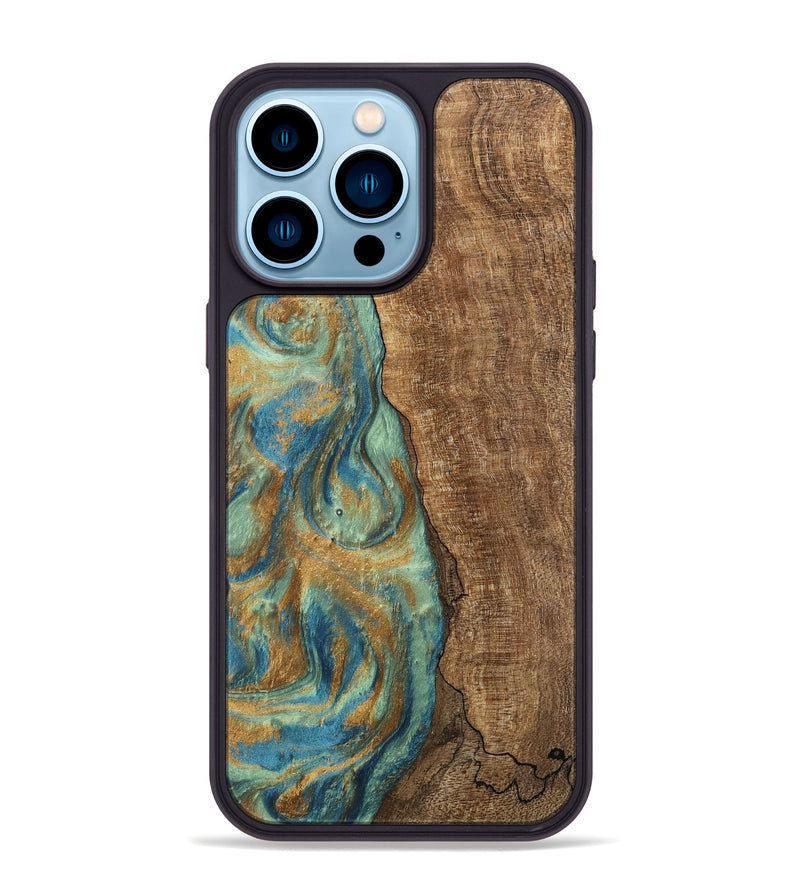 iPhone 14 Pro Max Wood Phone Case - Teri (Teal & Gold, 745973)