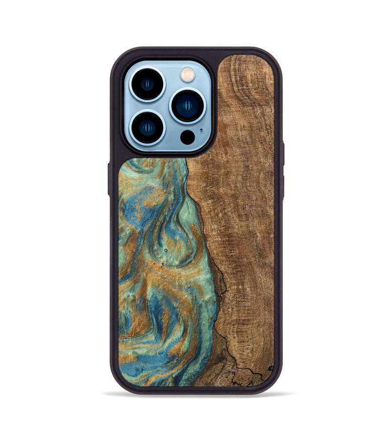 iPhone 14 Pro Wood Phone Case - Teri (Teal & Gold, 745973)