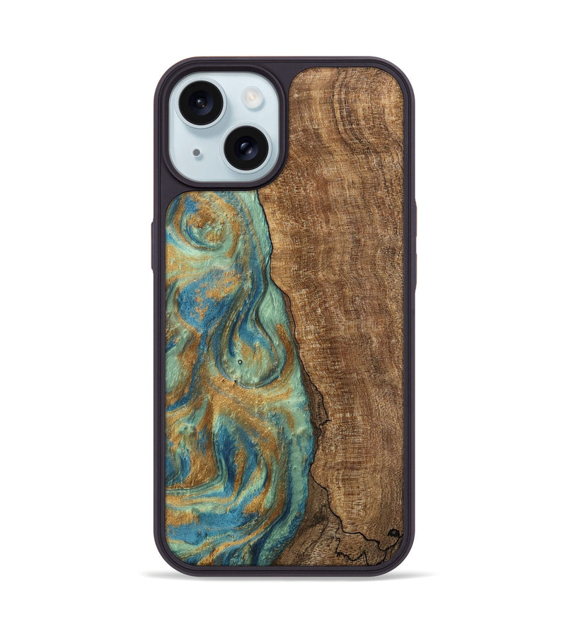 iPhone 15 Wood Phone Case - Teri (Teal & Gold, 745973)