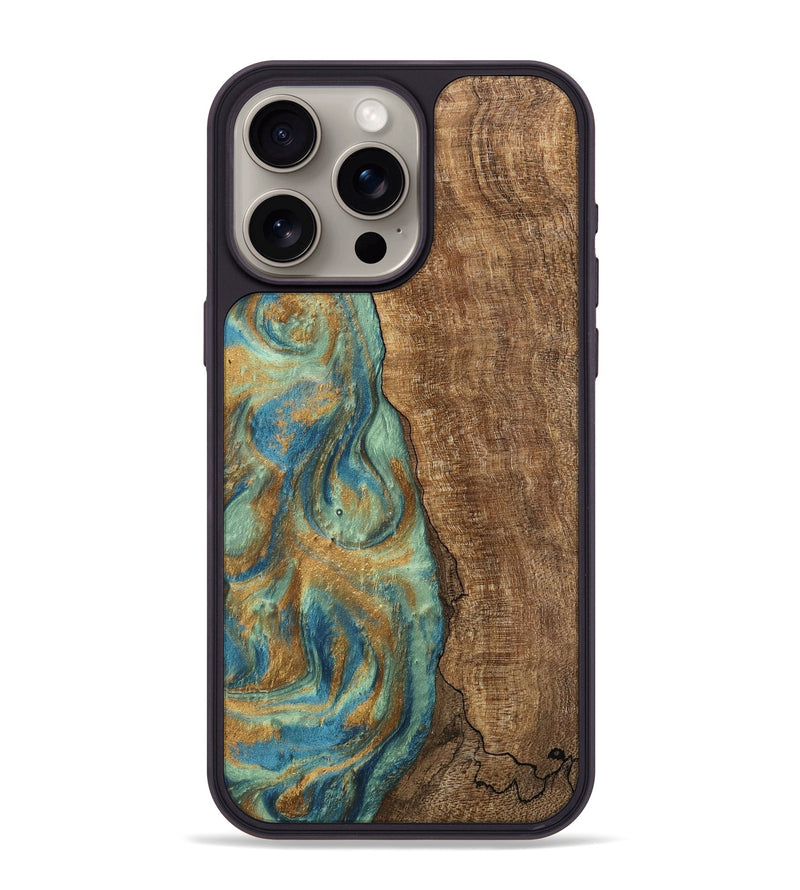 iPhone 15 Pro Max Wood Phone Case - Teri (Teal & Gold, 745973)