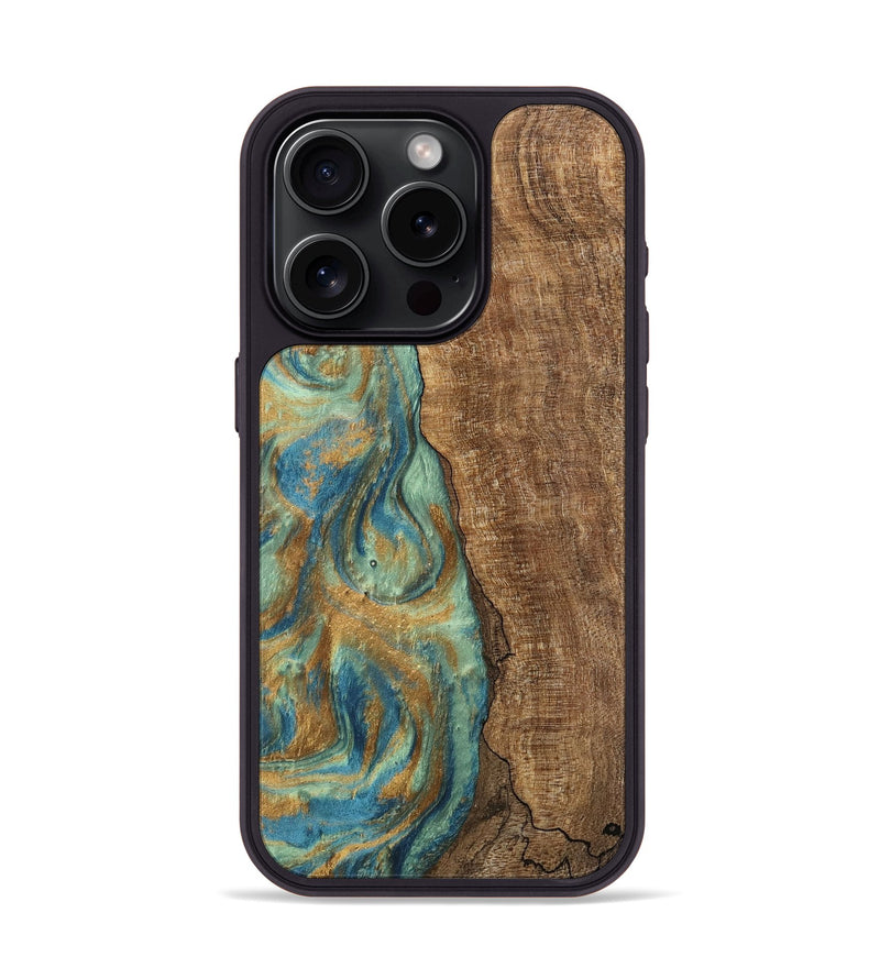 iPhone 15 Pro Wood Phone Case - Teri (Teal & Gold, 745973)