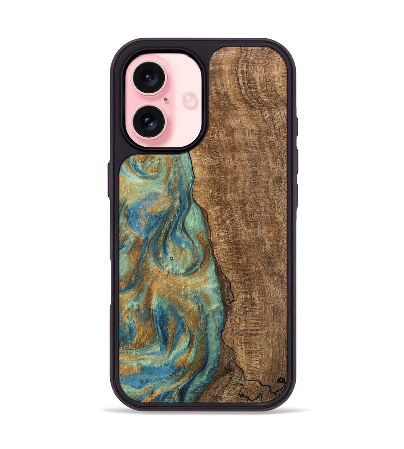 iPhone 16 Wood Phone Case - Teri (Teal & Gold, 745973)