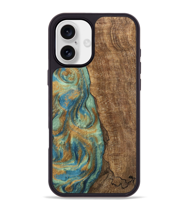 iPhone 16 Plus Wood Phone Case - Teri (Teal & Gold, 745973)