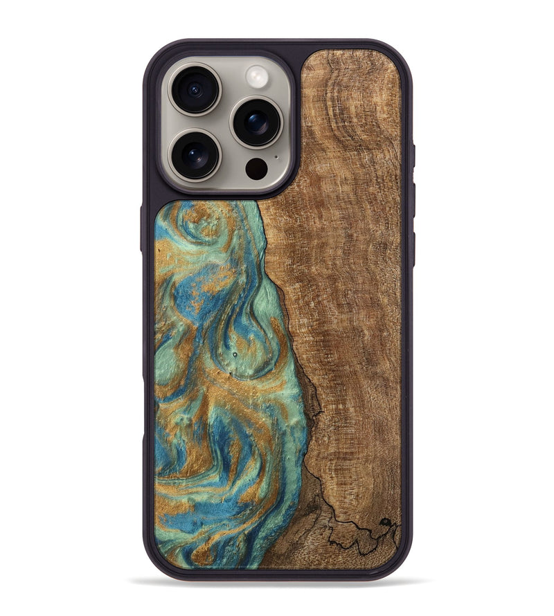 iPhone 16 Pro Max Wood Phone Case - Teri (Teal & Gold, 745973)