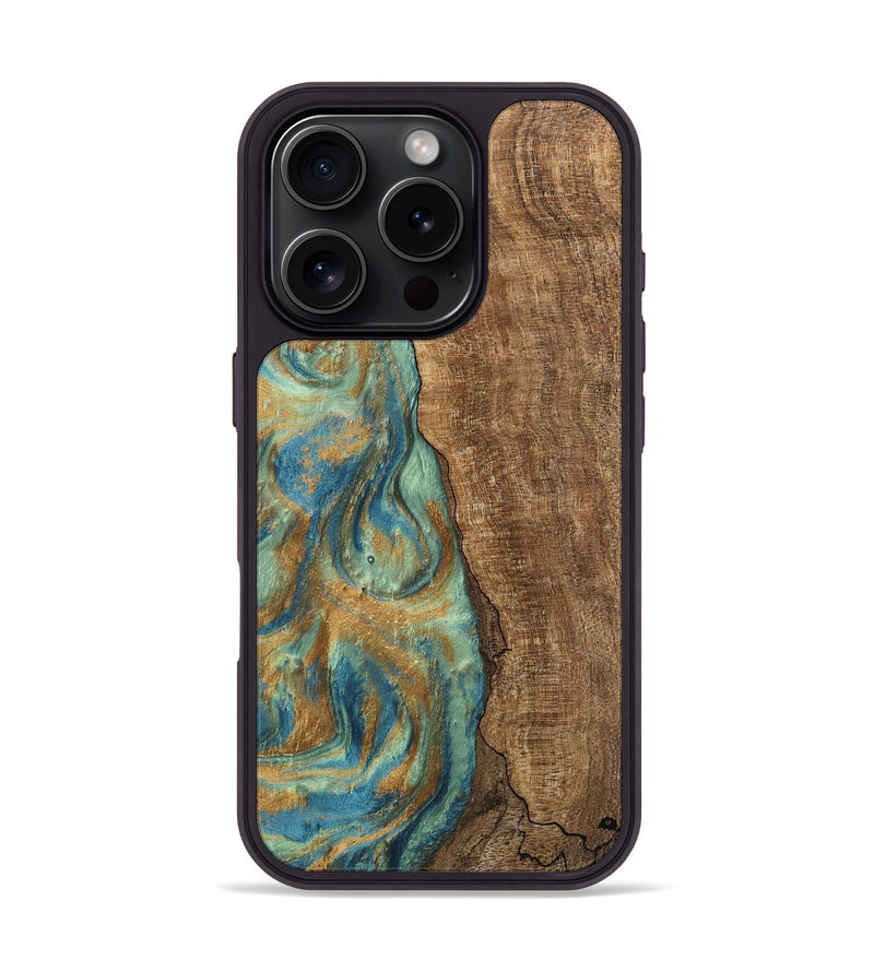 iPhone 16 Pro Wood Phone Case - Teri (Teal & Gold, 745973)