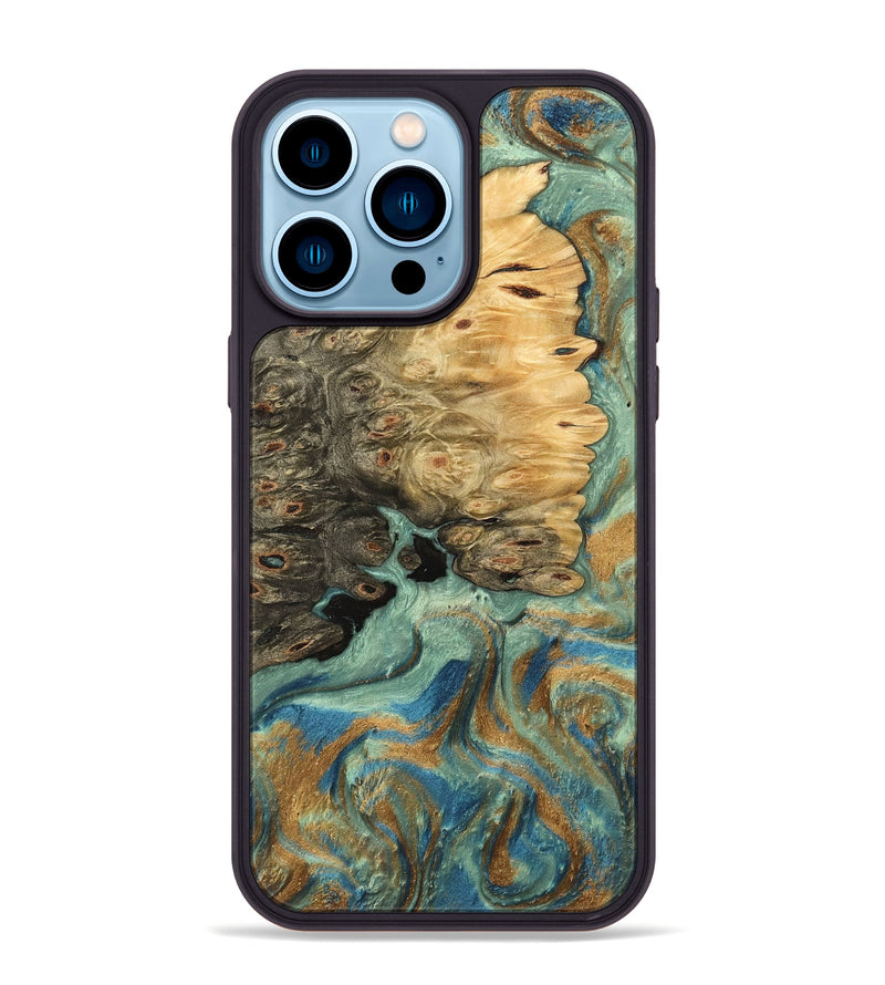 iPhone 14 Pro Max Wood Phone Case - Bobbi (Teal & Gold, 745980)