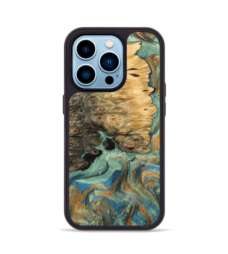 iPhone 14 Pro Wood Phone Case - Bobbi (Teal & Gold, 745980)