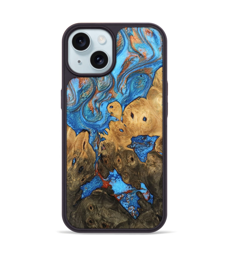 iPhone 15 Wood Phone Case - Shanna (Teal & Gold, 746081)