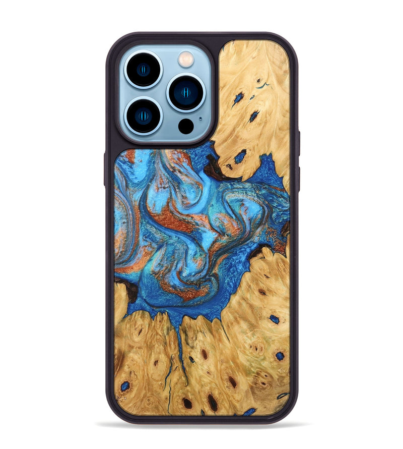 iPhone 14 Pro Max Wood Phone Case - Hosea (Teal & Gold, 746083)