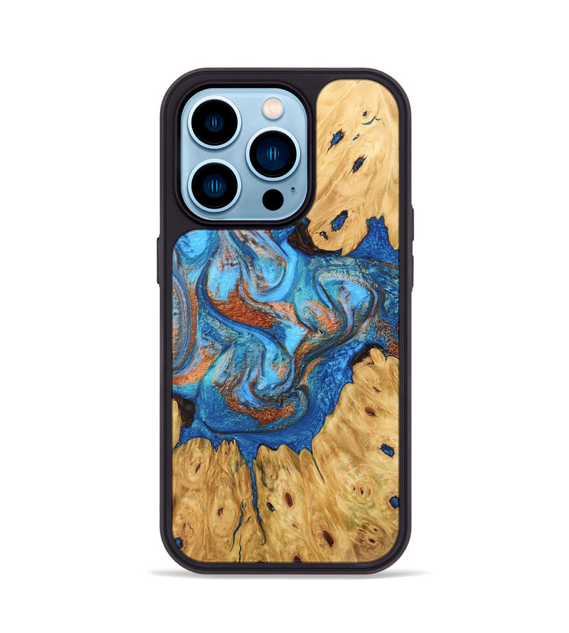 iPhone 14 Pro Wood Phone Case - Hosea (Teal & Gold, 746083)