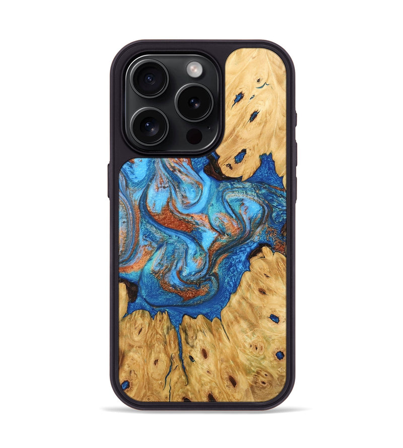 iPhone 15 Pro Wood Phone Case - Hosea (Teal & Gold, 746083)