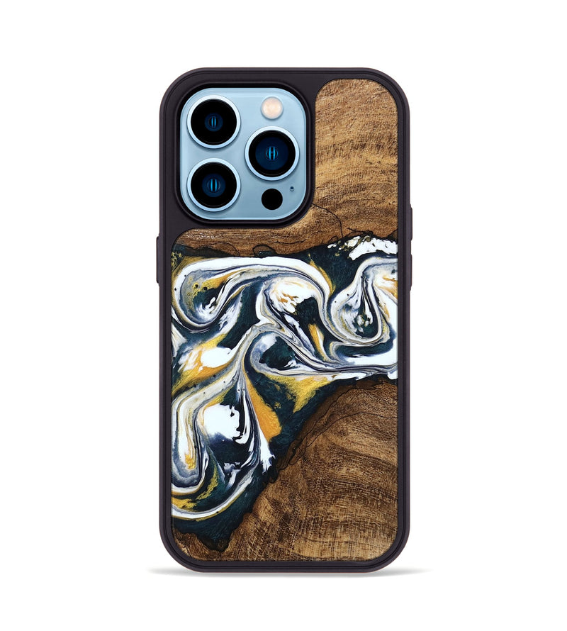 iPhone 14 Pro Wood Phone Case - Aylin (Teal & Gold, 746089)