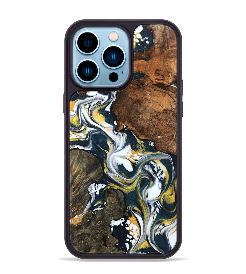 iPhone 14 Pro Max Wood Phone Case - Jesica (Teal & Gold, 746090)