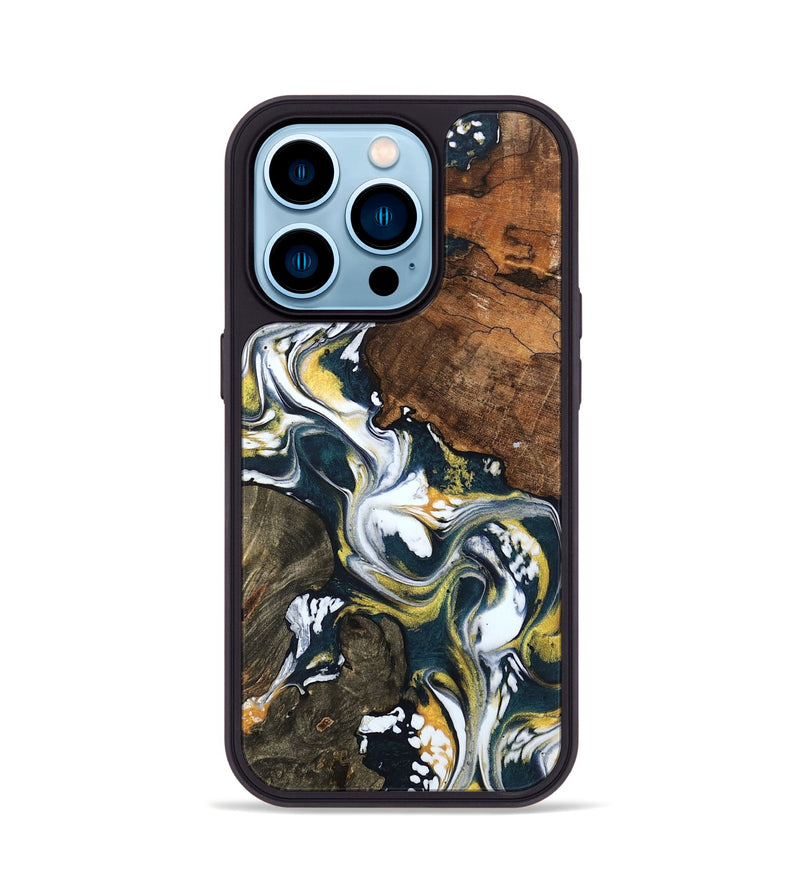 iPhone 14 Pro Wood Phone Case - Jesica (Teal & Gold, 746090)