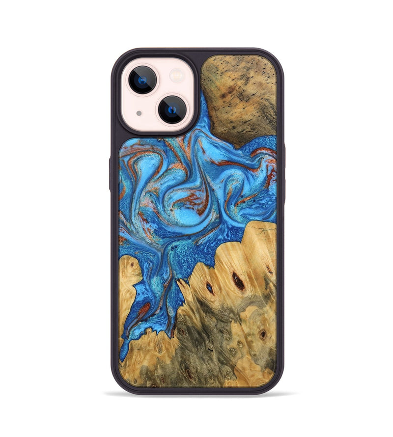 iPhone 14 Wood Phone Case - Iris (Teal & Gold, 746091)