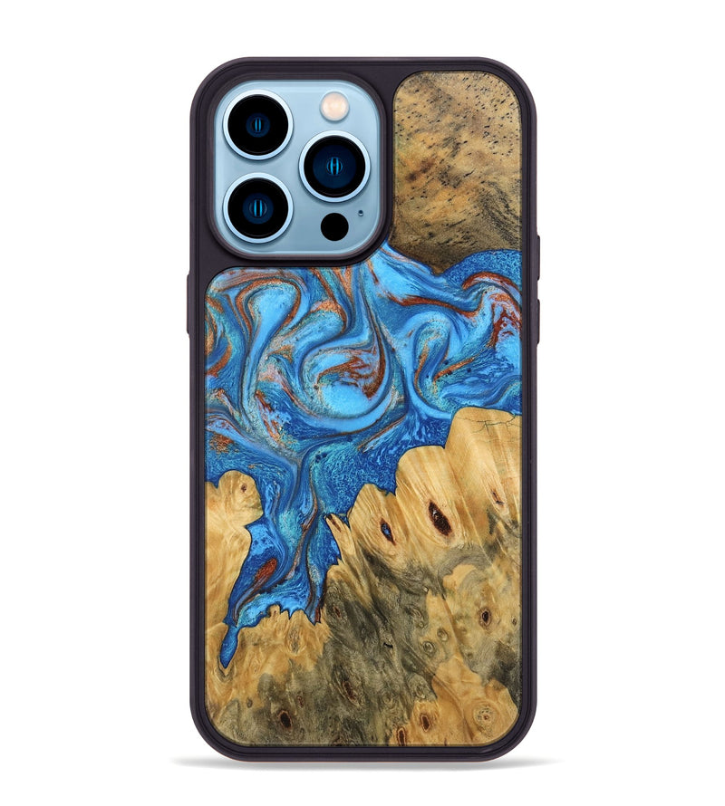 iPhone 14 Pro Max Wood Phone Case - Iris (Teal & Gold, 746091)