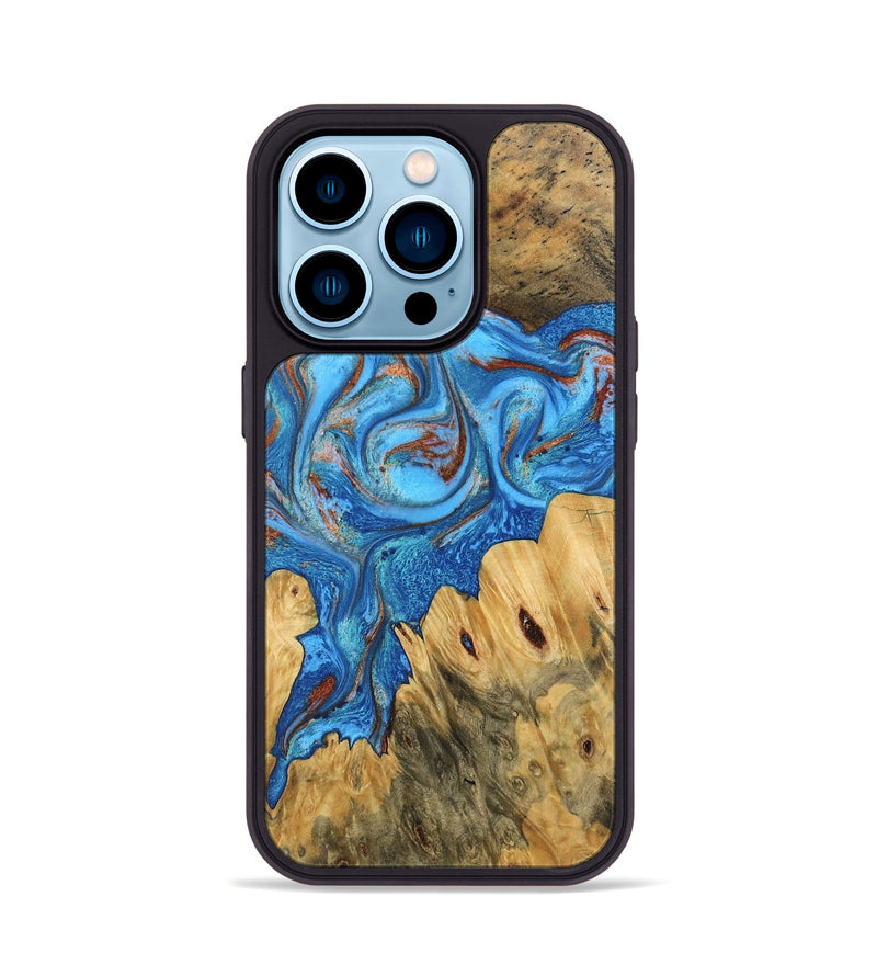 iPhone 14 Pro Wood Phone Case - Iris (Teal & Gold, 746091)