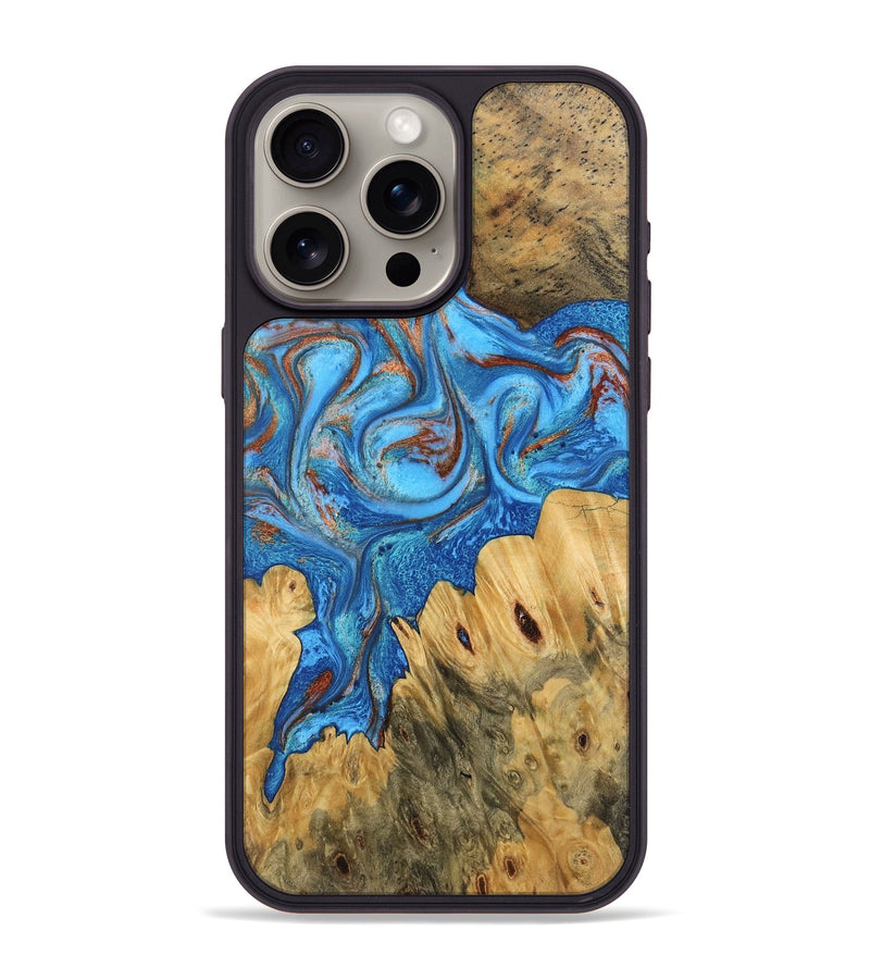 iPhone 15 Pro Max Wood Phone Case - Iris (Teal & Gold, 746091)