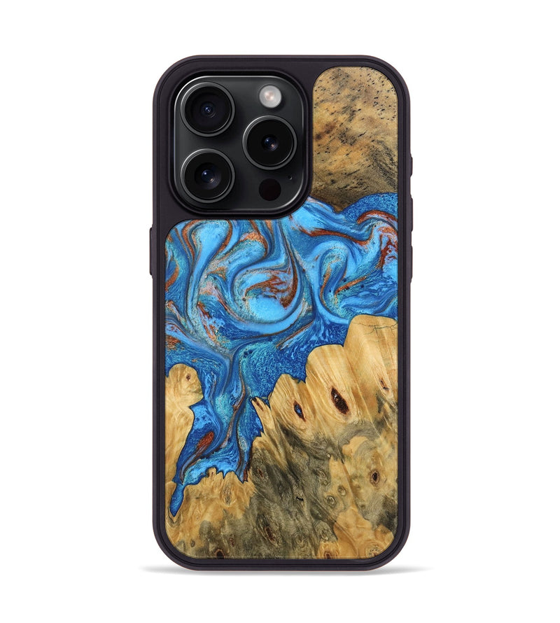 iPhone 15 Pro Wood Phone Case - Iris (Teal & Gold, 746091)