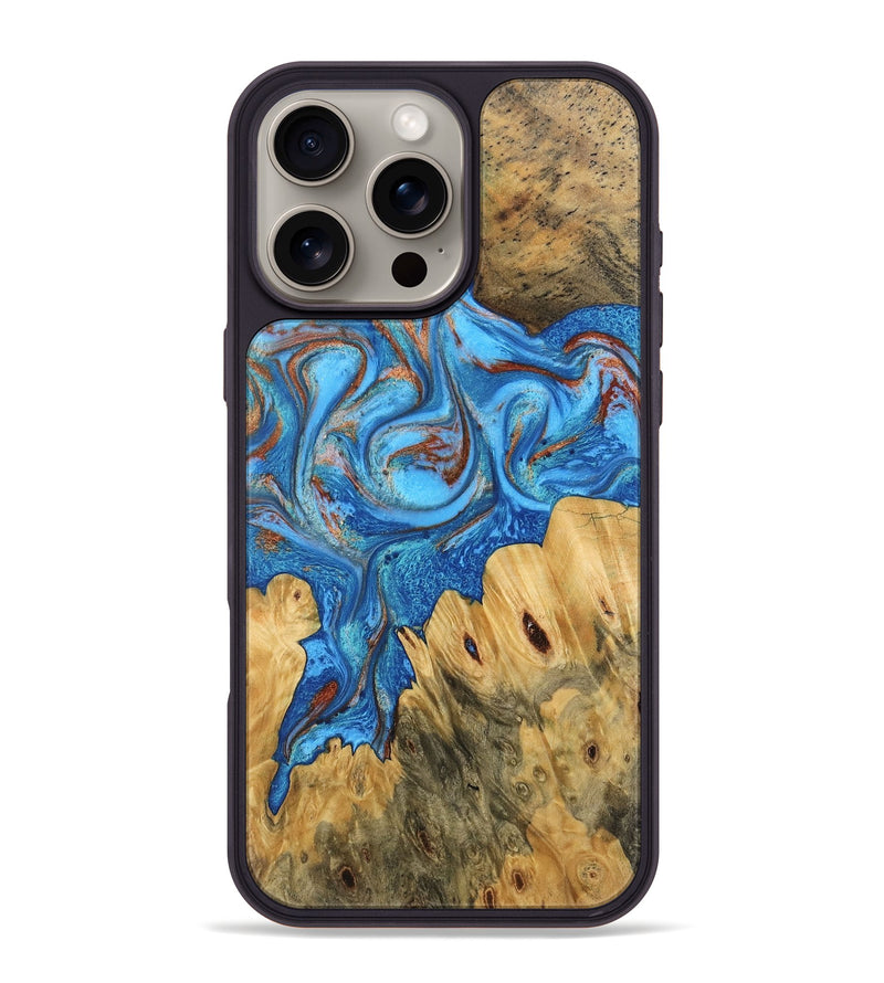 iPhone 16 Pro Max Wood Phone Case - Iris (Teal & Gold, 746091)