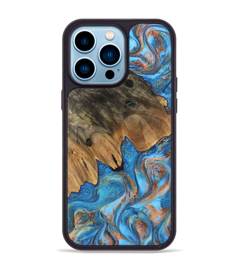 iPhone 14 Pro Max Wood Phone Case - Daisy (Teal & Gold, 746109)