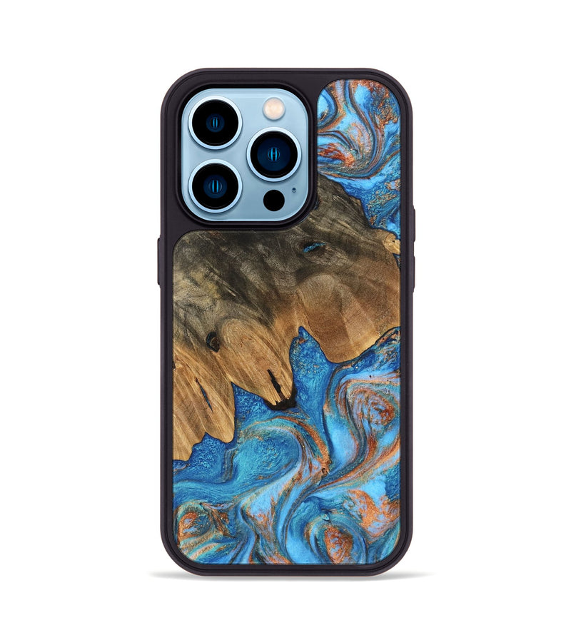 iPhone 14 Pro Wood Phone Case - Daisy (Teal & Gold, 746109)