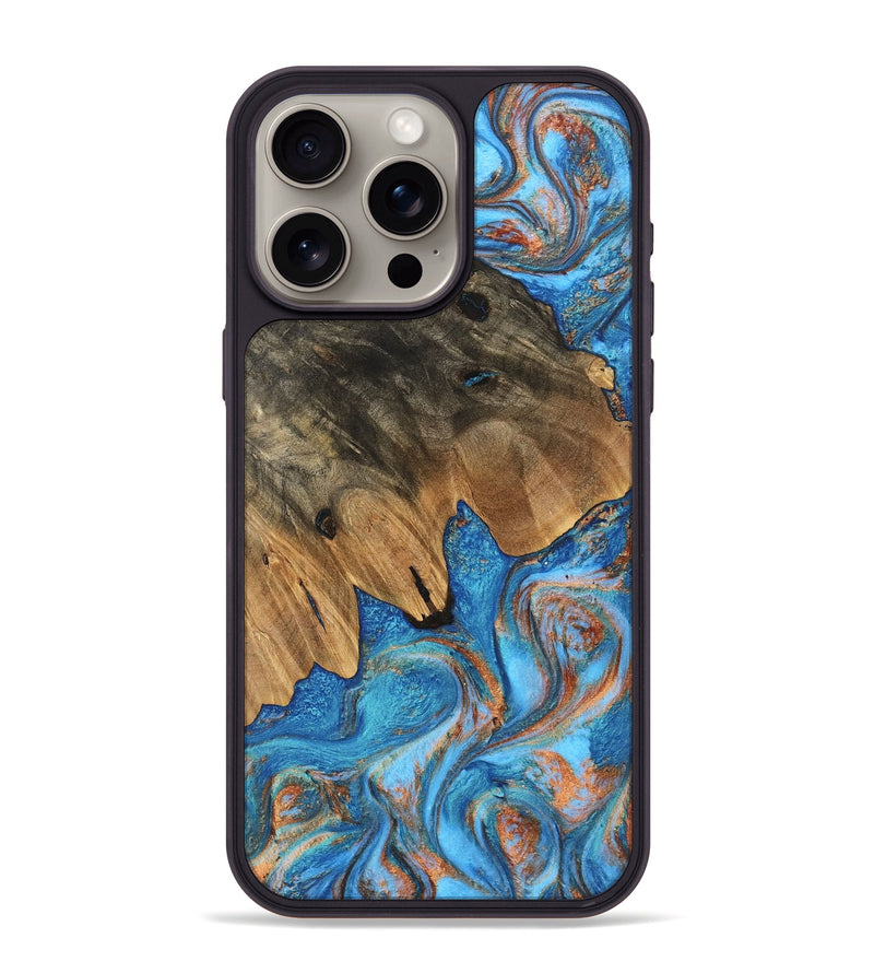 iPhone 15 Pro Max Wood Phone Case - Daisy (Teal & Gold, 746109)